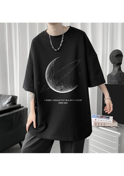 Crescent Saturn Baskılı Siyah Oversize T-Shirt fırsatları