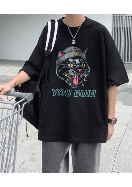 You Bum Cat Baskılı Siyah Oversize T-Shirt