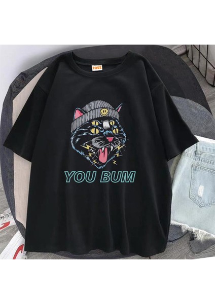 You Bum Cat Baskılı Siyah Oversize T-Shirt fiyatları