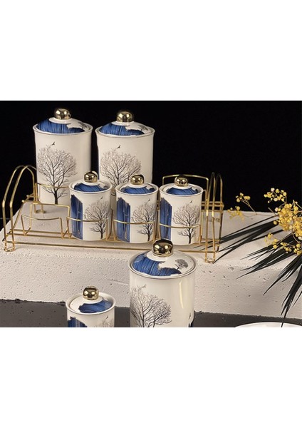 Blue Dream Ağaç Desen 8 Parça Gold Standlı Porselen Baharat Takımı PUREBOBE-122