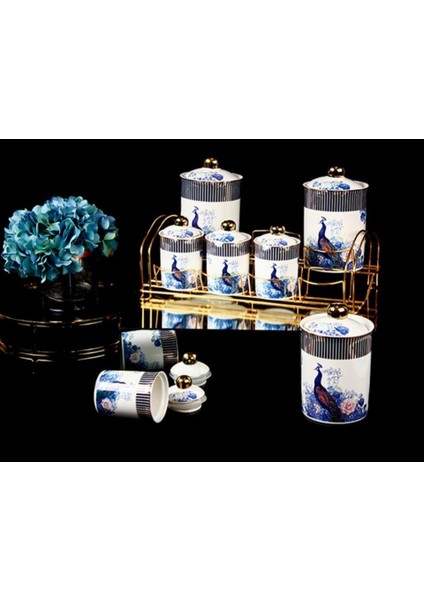 Peacock Tavus Kuşu 8 Parça Standlı Porselen Baharat Takımı PUREBONE-123