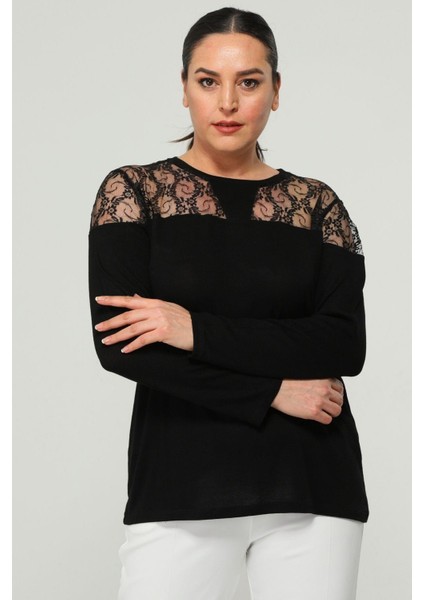 Kadın Büyük Beden Transparan Tül Detay Siyah Bluz modelleri