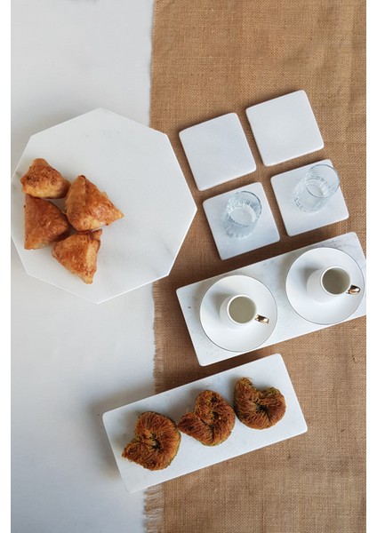 Gerçek Mermer Sunumluk / Çeyiz Seti - Pasta Standı + 2'li Sunumluk + 4'lü Kare Bardak Altlığı fiyatları