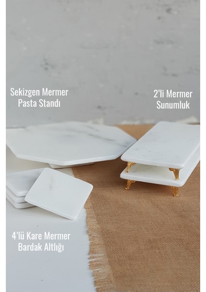 Gerçek Mermer Sunumluk / Çeyiz Seti - Pasta Standı + 2'li Sunumluk + 4'lü Kare Bardak Altlığı modelleri
