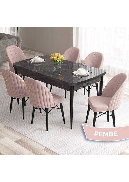 Concept Roz Serisi 80X132 Mdf Açılabilir Siyah Mermer Desen Mutfak Masası Takımı 6 Sandalye Gold Halkalı fiyatları