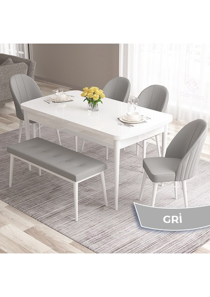 Concept Roz Serisi 80X132 Mdf Açılabilir Beyaz Mutfak Masası Takımı 4 Sandalye 1 Bench