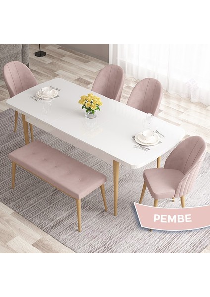 Concept Roz Serisi 80X132 Mdf Beyaz Mutfak Masası Takımı Beyaz Kafesli 4 Sandalye 1 Bench