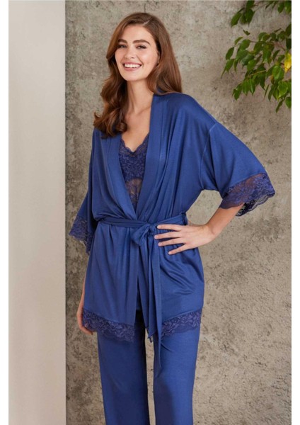 2810 Kadın Dantelli Penye Sabahlıklı Pijama Takımı