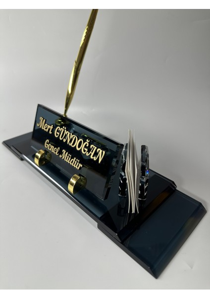 Kristal Cam Masaüstü Isimlik Çift Ayak Kalem Saat ve Kartvizit Figürlü Özel Hediyelik modelleri