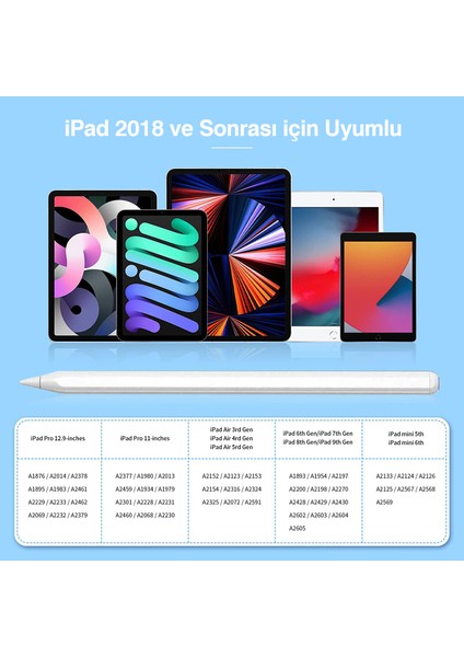 iPad ve iPad Pro (2018 Veya Sonrası) Için, Apple iPad 8./7./6. Nesil, iPad Pro 11 12.9 Inç, iPad Air 5./4./3. Nesil, iPad Mini ile Uyumlu Avuç Içi Reddetmeli Eğitim Hassasiyetli Dokunmatik Yazı Kalemi