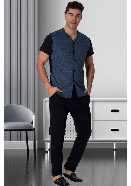 Mecit 2792 Lacivert Büyük Beden Boydan Düğmeli Erkek Pijama Takımı