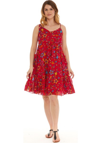 Askılı Vual Kırmızı Kısa Elbise