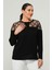 Kadın Büyük Beden Transparan Tül Detay Siyah Bluz 4