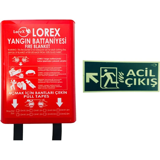 Lorex LR-FB1010B Yangın Battaniyesi 100CM x 100CM Kutulu ve Lorex Lr-Flu Fosforlu Yön Levhası Acil Çıkış (Sol Yukarı Yön)