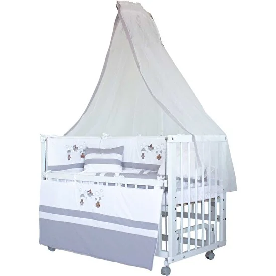 Babycom Beyaz Rüya 60X120 Anne Yanı Sallanır Tekerlekli Beşik - Sevimli Ayıcıklı Uyku Seti