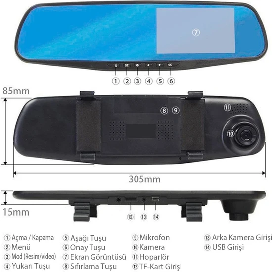 BTM Otomotiv Araba Dijital Video Kaydedici 4.3 Inch Dikiz Aynalı Çift Kameralı Kayıt Cihazı Ön ve Arka Görüş