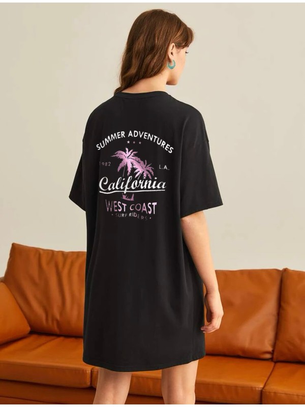Laluvia Siyah Kadın California Baskılı T-Shirt Elbise