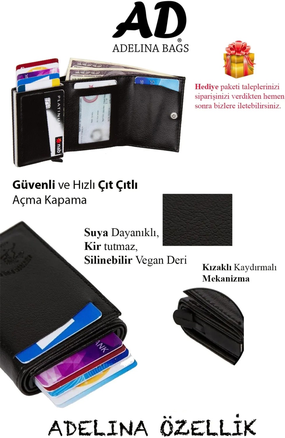 Adelina Erkek Siyah Mekanizmalı Otomatik Kızaklı Kartlık Cüzdan (7CMX10CM) görsel 4