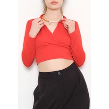 Lurex Polo Yaka Kruvaze Bluz Kırmızı - 10608.631.