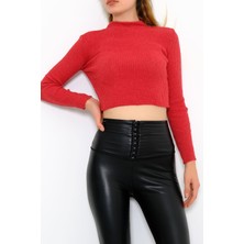 Lurex Yarım Balıkçı Crop Triko Kırmızı - 885.1319.