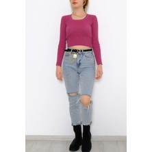 Lurex Bisiklet Yaka Crop Triko Fuşya - 971.1319.