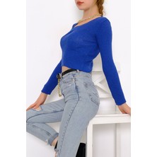 Lurex Bisiklet Yaka Crop Triko Saks - 971.1319.