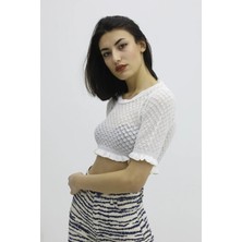 Lurex Bel Lastikli Triko Bluz - P-019803EKRU