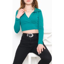 Lurex Polo Yaka Kruvaze Bluz Yeşil - 10608.631.