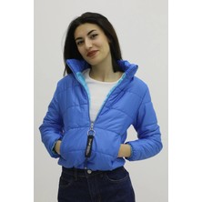 Lurex Fermuarlı Çift Cepli Şişme Mont Saksmavi - LKS9294
