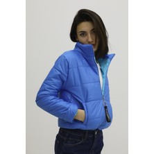 Lurex Fermuarlı Çift Cepli Şişme Mont Saksmavi - LKS9294