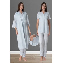Effortt Mavi Fistolu Sabahlıklı Hamile Lohusa Pijama Takımı