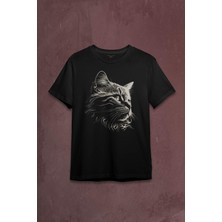 Kendim Seçtim Bıyıklı Kedi Minimal Çizim 3D Efektli Realist Sepya Siyah Baskılı Tişört  T-Shirt