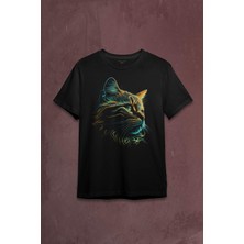 Kendim Seçtim Bıyıklı Kedi Minimal Çizim 3D Efektli Realist Siyah Baskılı Tişört  T-Shirt