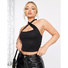Liona Kadın Boyun Bağlamalı Asimetrik Yaka Siyah Crop Top Bluz