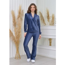 Nuseel V Yakalı Önü Açık Fitilli Kadife Bluz Lacivert Rengi