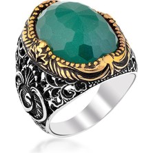 Takıhan Fasetli Yeşil Renk Akik Taşlı Vav Model Gümüş Yüzük