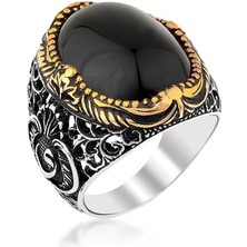 Takıhan Siyah Oniks Taşlı Vav Motifli Gümüş Yüzük