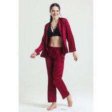 Magic Form 19718 Kadın Bordo Gömlek Yaka Biyeli Cepli Saten Pijama Takım