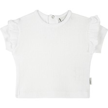 Antebies Organik Beyaz Jakarlı Fırfırlı Kısa Kollu Kız Bebek Tshirt