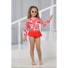 Podium Giyim Yeni Trend Kalp Desenli Güneş Korumalı Uzun Kol Crop Üst Mini Etek Altı Fırfırlı Bikini Takımı
