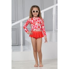 Podium Giyim Yeni Trend Kalp Desenli Güneş Korumalı Uzun Kol Crop Üst Mini Etek Altı Fırfırlı Bikini Takımı