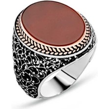 Stil Love Gümüş Düz Akik Taşlı Erkek Yüzük