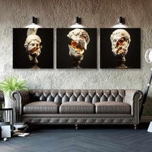SML Tablo Gold Detaylı Mermer Davud Heykeli Üçlü Kombin 3lü Set Kanvas Tablo