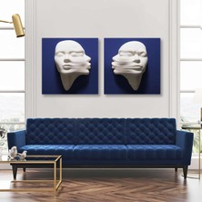 SML Tablo Mavi Duvardan Çıkan Alçı Görünümlü Heykel Romantik Çift Kadın Ikili Kombin 2li Kanvas Tablo