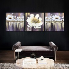 SML Tablo Altın Yaldızlı Beyaz Büyük Çiçek Fırça Izleri Üçlü Kombin 3lü Set Kanvas Tablo