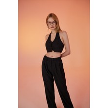 Holly Lolly Yüksek Bel Kumaş Striped Pantolon Siyah
