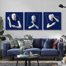 SML Tablo Kabartma Efektli Altın Kare Çerçeve Lacivert Fon Dekoratif Üçlü Kombin 3lü Set Kanvas Tablo