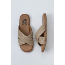Bueno Shoes Taba Hasır Deri Kadın Espadril Terlik10