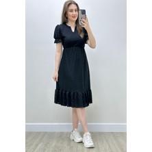 Mazi Butik V Yaka Delik Işli Elbise Siyah