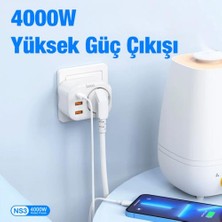 Coofbe Super Şarj 240V Şarj Başlıklı Priz Type-C + 2 USB Girişli Şarj Prizi Akım Korumalı 4000W Fiş